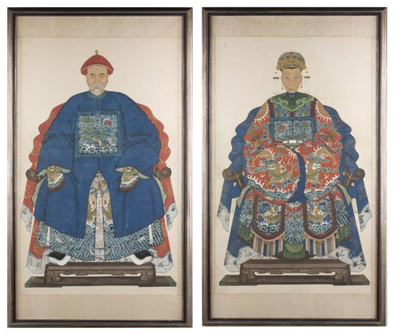 Appraisal: Pair of Ancestral Portraits Qing Dynasty the elderly gentleman wearing