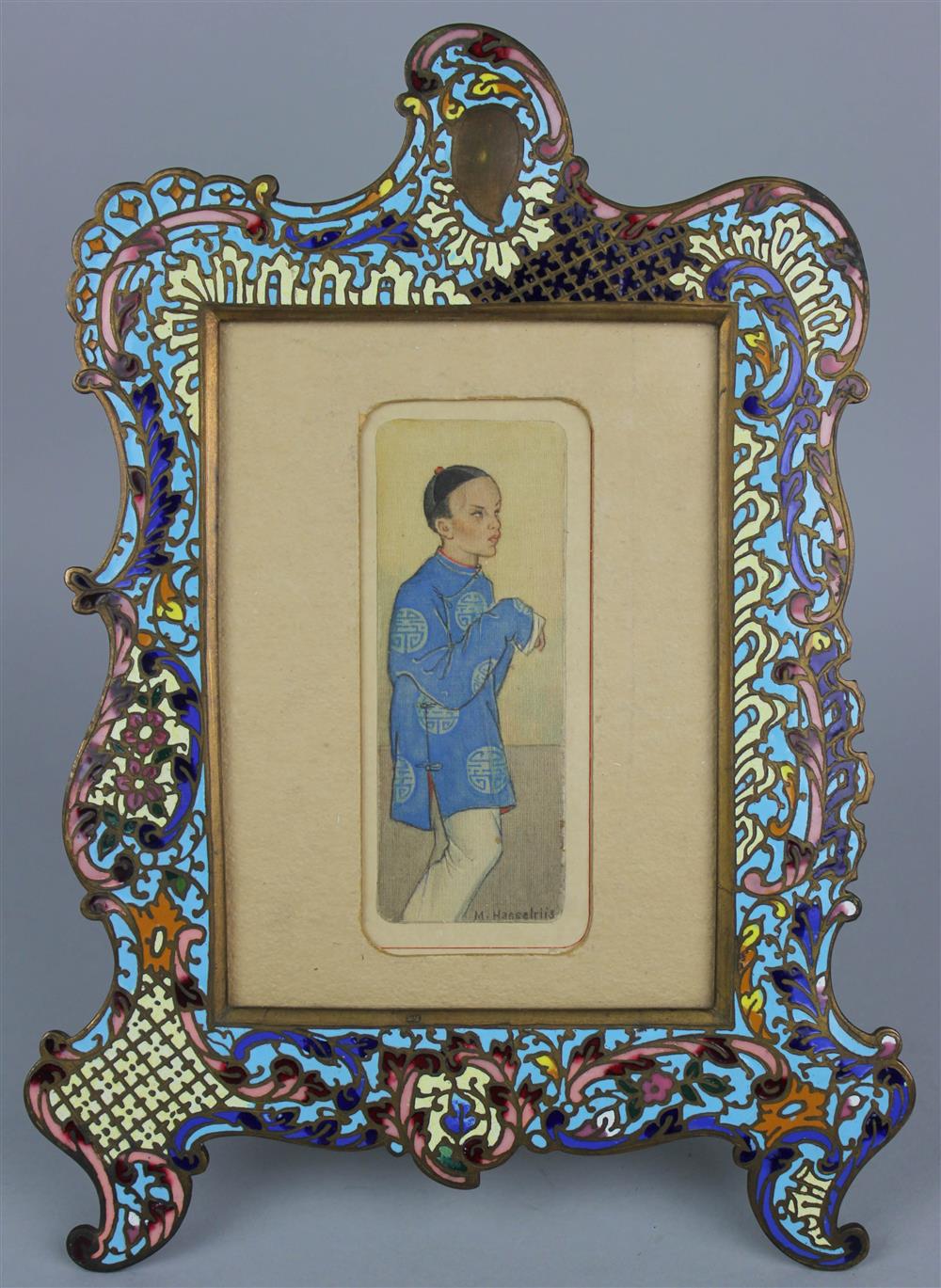 Appraisal: CONTINENTAL CHAMPLEVE ENAMEL FRAME WITH A MINIATURE ON SILK BY