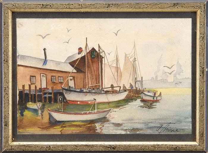 Appraisal: ANTHONY THIEME American - DOCKSIDE Small watercolor scene shows a