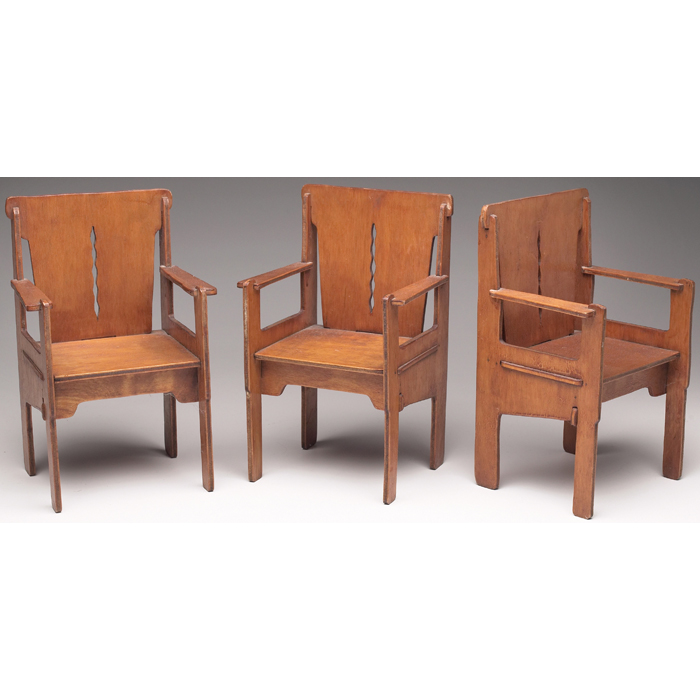 Appraisal: Dutch Arts and Crafts miniature chairs three pine construction with