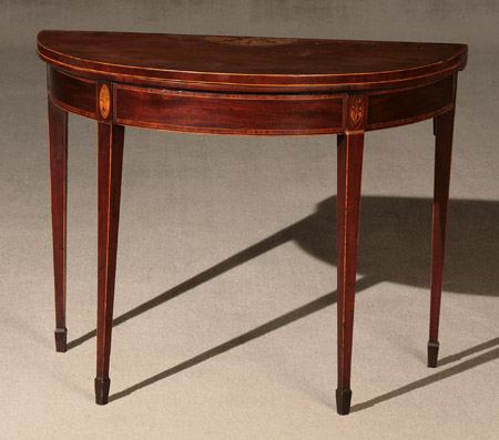 Appraisal: George III Satinwood Inlaid and Harewood Crossbanded Mahogany Demilune Fold-Top