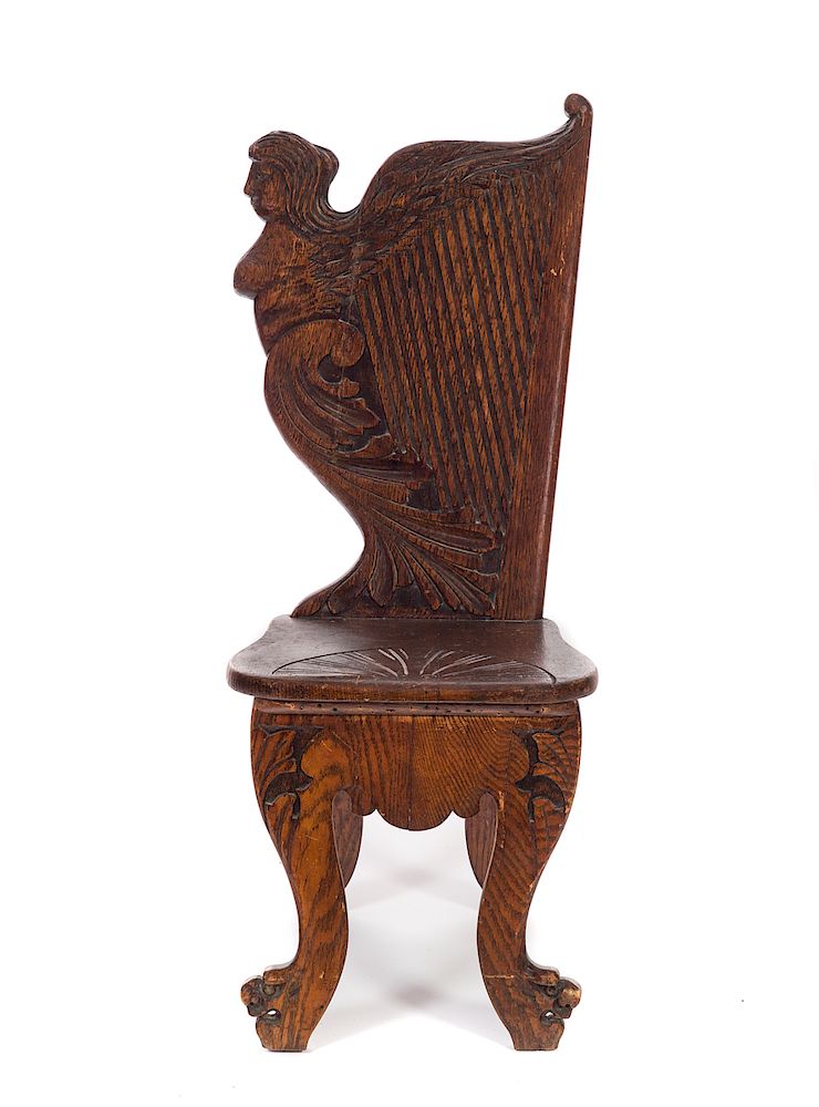 Appraisal: Carved Oak Angel Harp Chair Good original condition Please Email