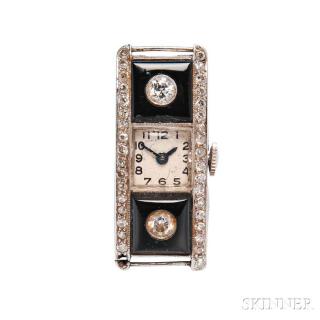 Appraisal: Art Deco Platinum Diamond and Onyx Wristwatch the ivory-tone dial