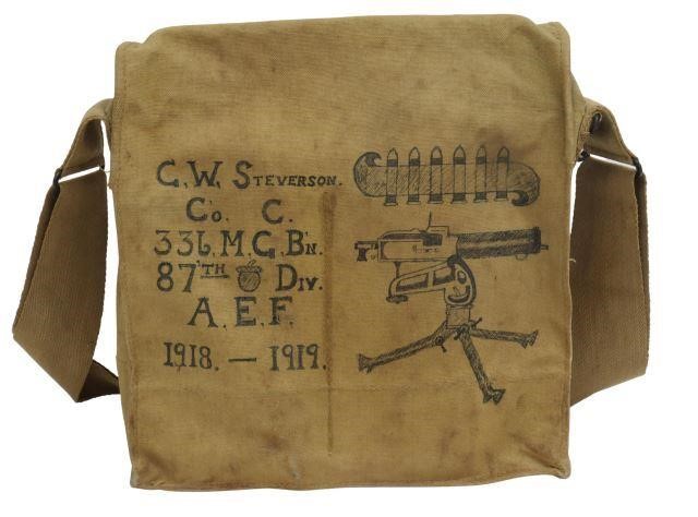 Appraisal: U S WWI trench art a decorated gas mask bag