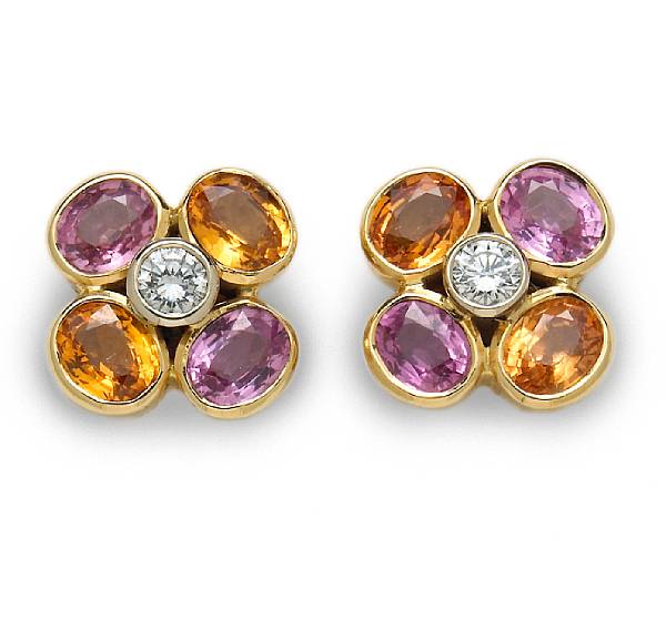 Appraisal: A pair of pink and orange sapphire earrings Nardi signed