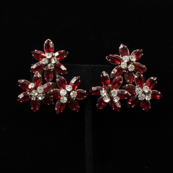 Appraisal: Vintage French Floral Clip Earrings with Ruby Red Clear Rhinestone