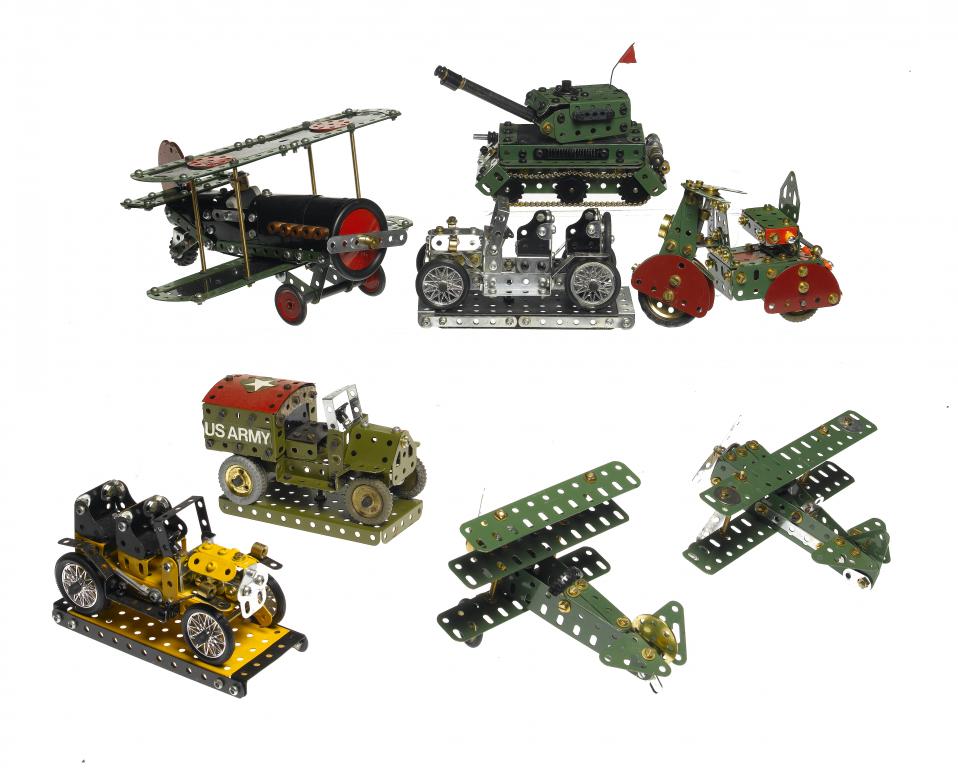 Appraisal: EIGHT MECCANO MODELS various colours comprising two bi-planes a tri-plane