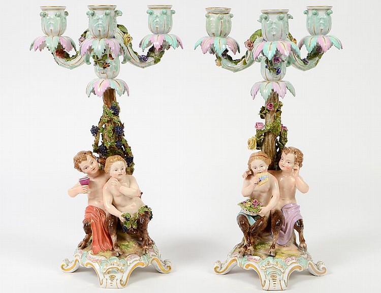 Appraisal: PAIR OF MEISSEN PORCELAIN THREE-LIGHT CANDELABRACirca The underside of the