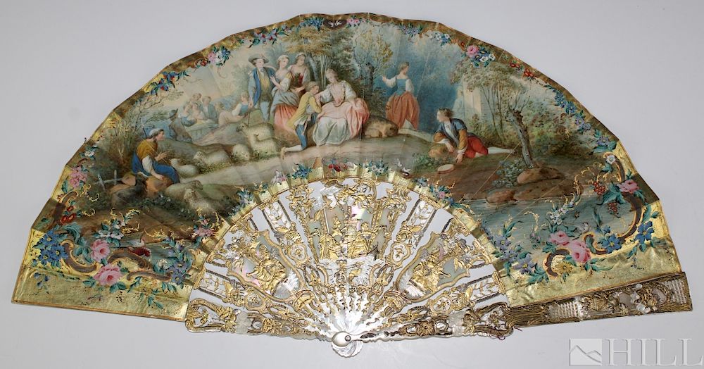 Appraisal: Antique th Century French Hand Painted Silk Fan Fine Painted