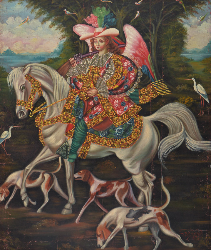 Appraisal: LARGE CUZCO SCHOOL STYLE PAINTING ANGEL ON HORSEBACK Angel on