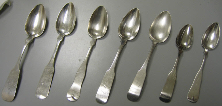 Appraisal: SEVEN ANTIQUE COIN SILVER TABLESPOONS Each 'Fiddle' design by various