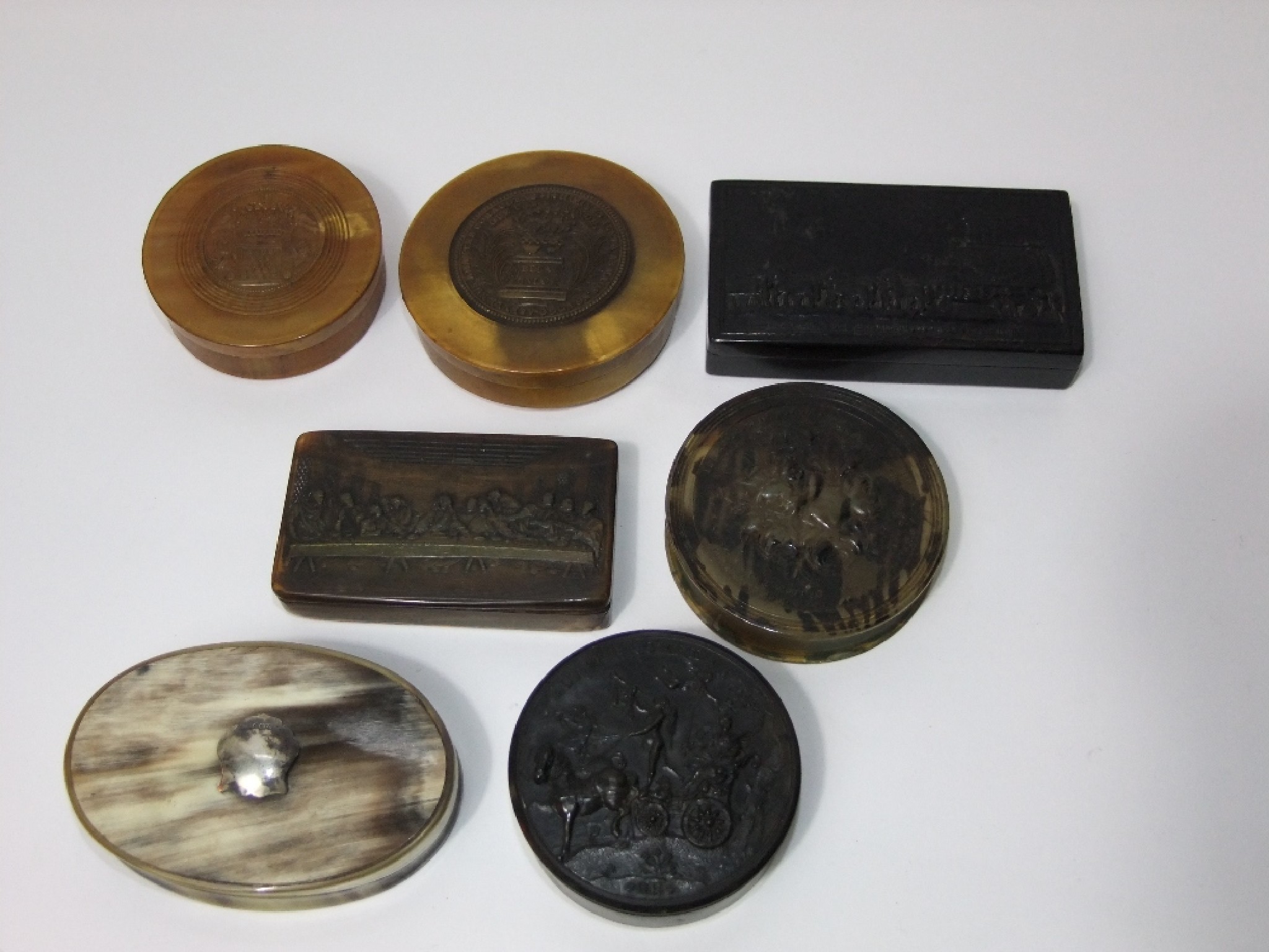 Appraisal: Six early th century hornwork boxes with embossed detail script