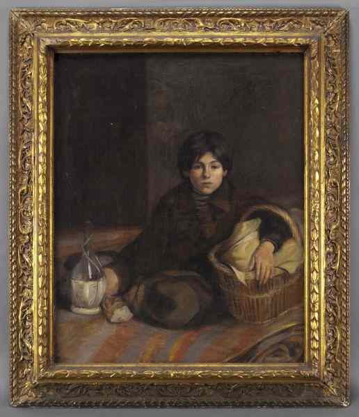 Appraisal: Spanish School ''Portrait of a Boy with Wine Jug''oil on