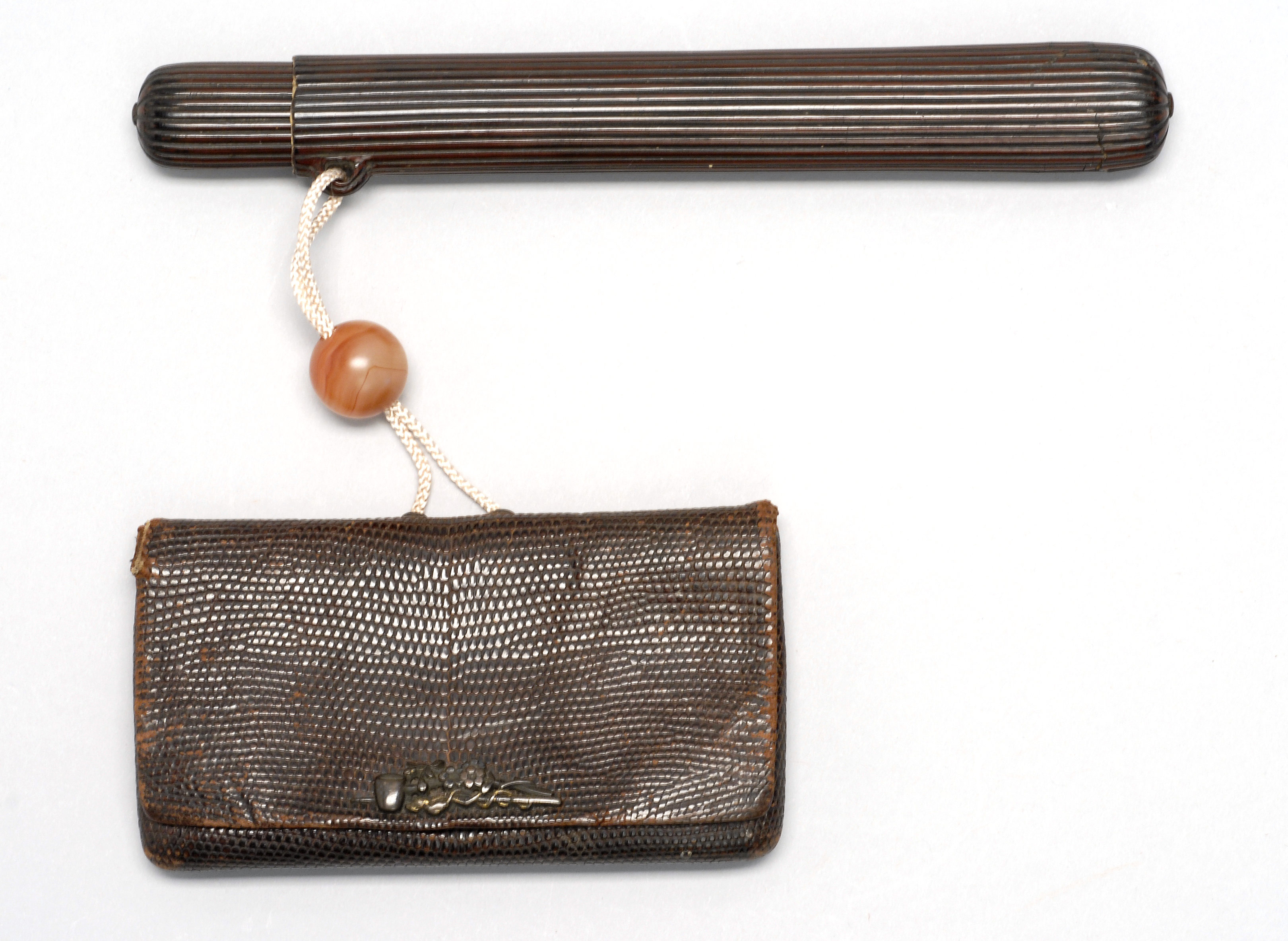 Appraisal: LEATHER TOBACCO CASE WITH LACQUER PIPE HOLDER Meiji PeriodPouch in