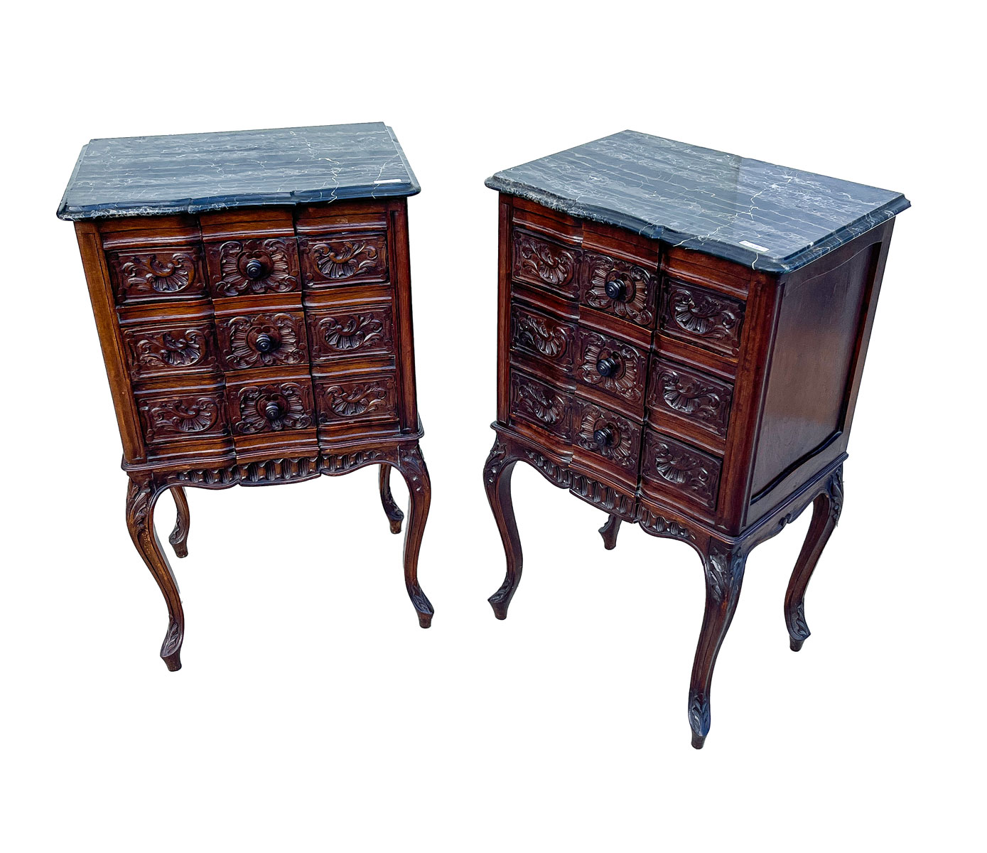 Appraisal: PAIR OF CARVED MARBLE TOP CHESTS Two marble-top drawer chests