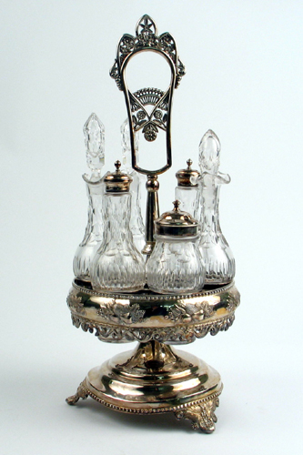 Appraisal: AN AMERICAN MERIDEN SIX-BOTTLE CASTOR SET fitted in a Silverplated