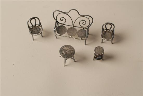 Appraisal: Miniature Silver Furniture German to include a settee two chairs