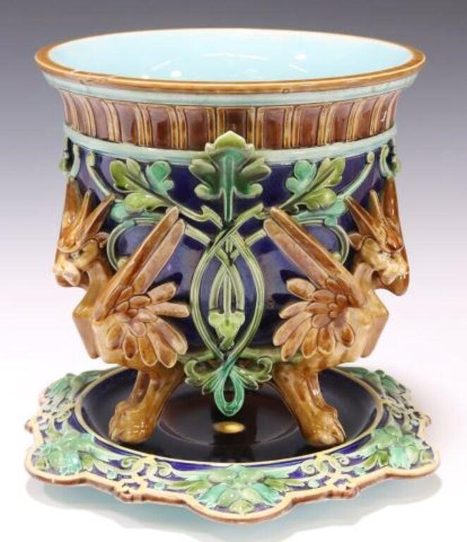 Appraisal: French majolica jardiniere and underplate Sarreguemine late th c tapered