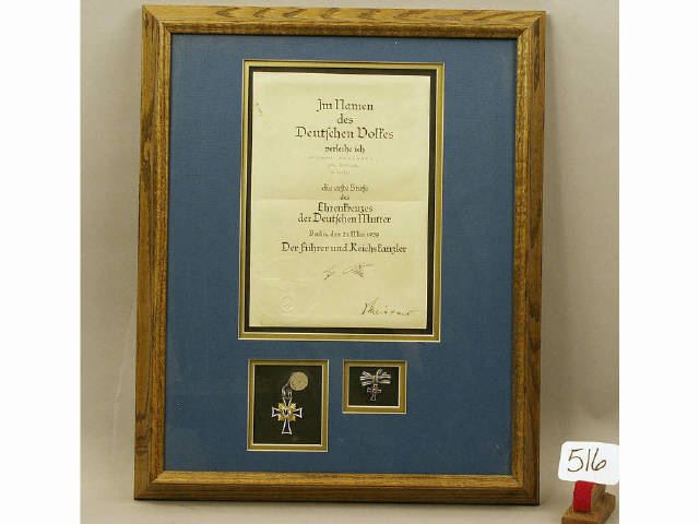 Appraisal: Framed collection of German WWII Mother's Cross medal with original