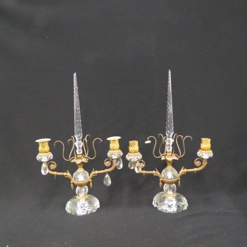 Appraisal: Pair of Bronze Cut Crystal Candelabra double light obelish style