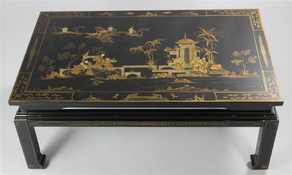 Appraisal: ASIAN STYLE BLACK LACQUER AND CHINOISERIE COFFEE TABLE top having