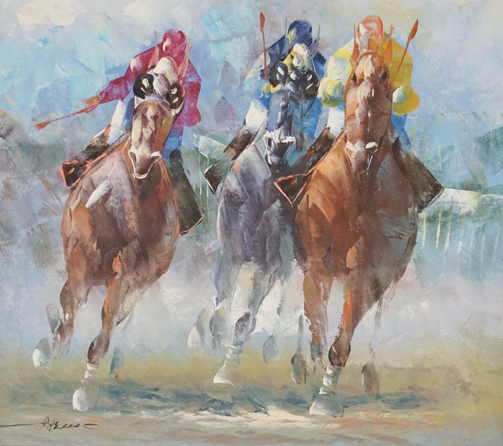 Appraisal: TH CENTURY SCHOOL RACING HORSES OIL ON CANVAS FRAME X