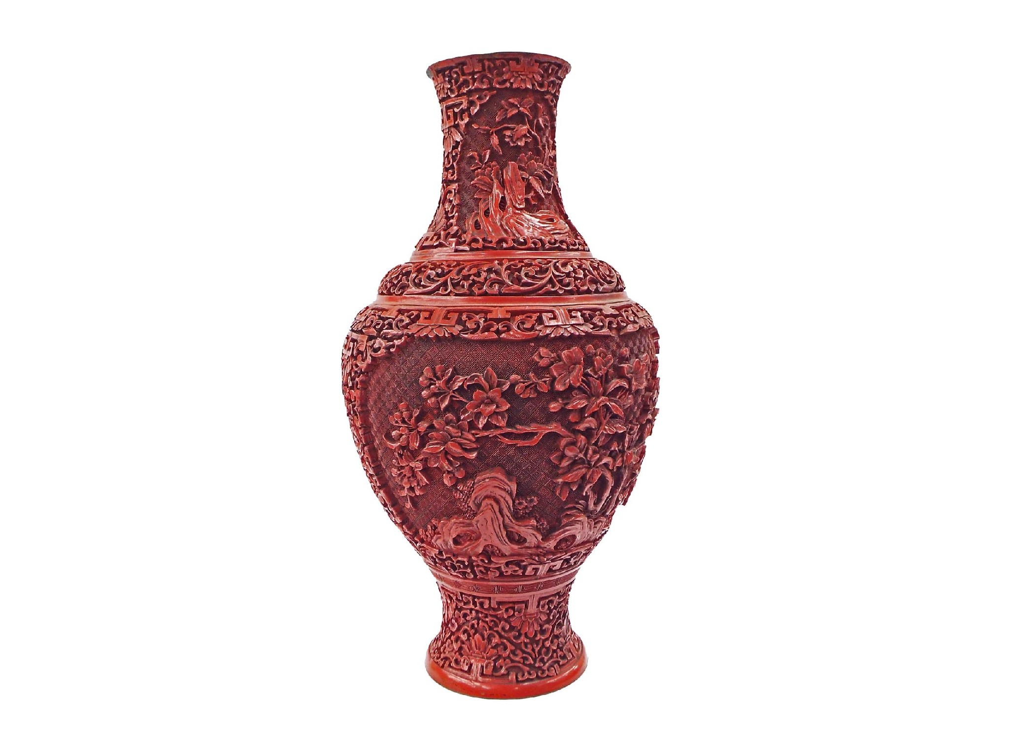 Appraisal: Chinese cinnabar lacquered baluster vase decorated in high relief with