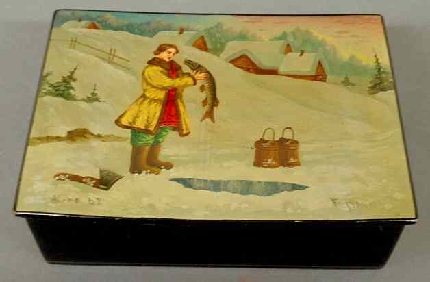 Appraisal: Russian lacquerware box c with ice fishing decoration signed h