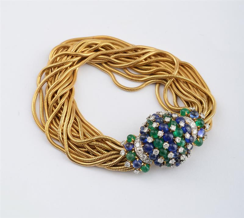 Appraisal: K GOLD EMERALD SAPPHIRE AND DIAMOND BRACELET Some of cabochon