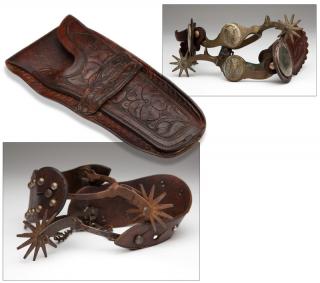 Appraisal: Two pairs of spurs and a tooled leather holster Late