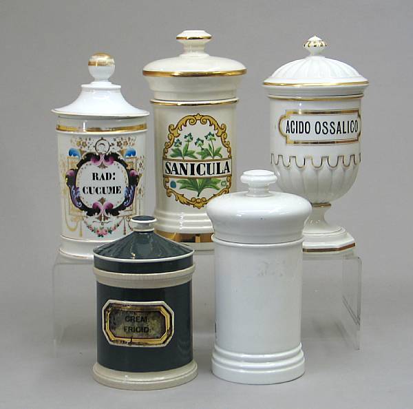 Appraisal: Five ceramic cylindrical apothecary jars with covers late th th