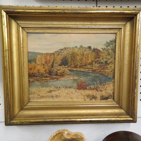 Appraisal: Antique Oil Painting autumn landscape with river mountains in distance