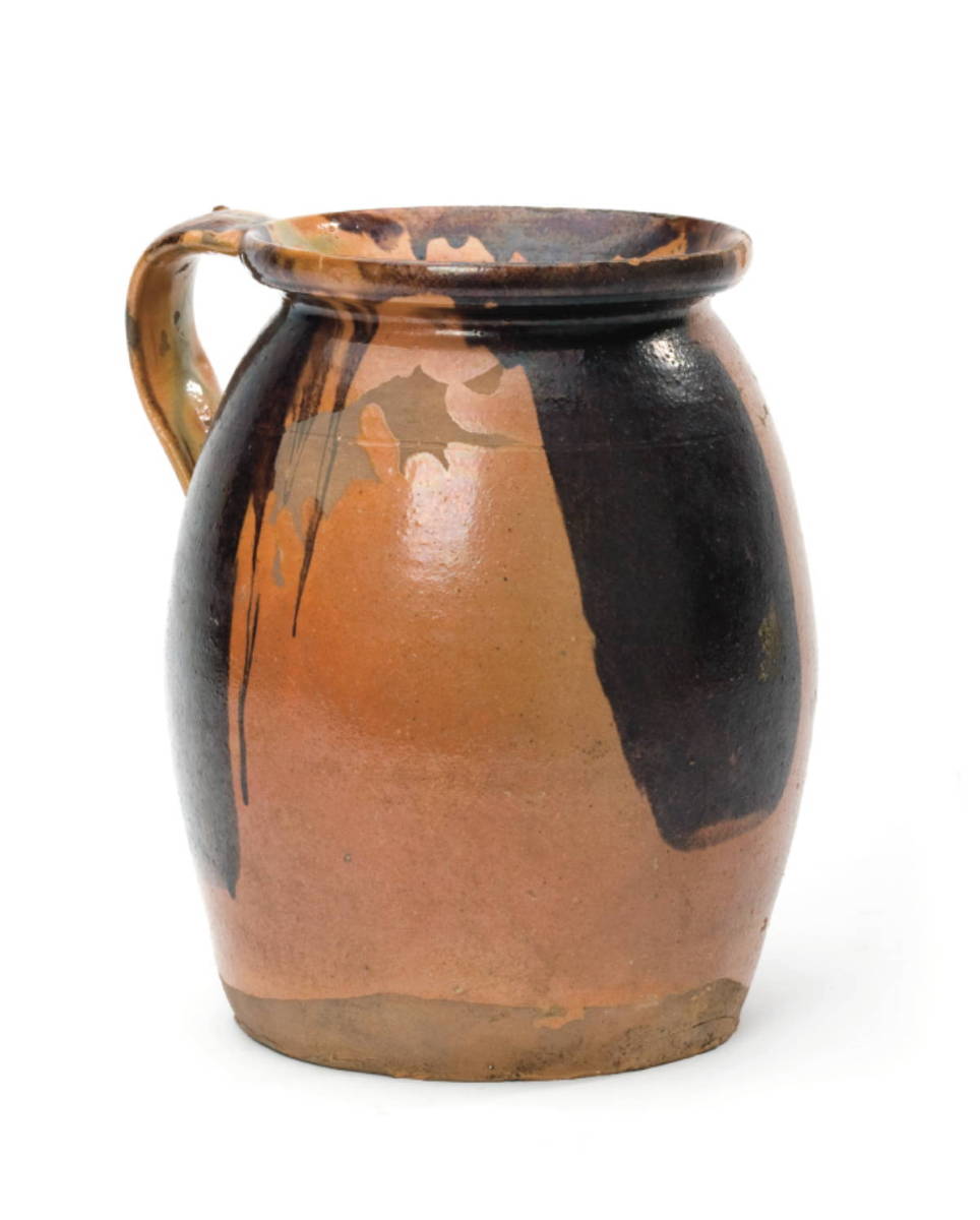 Appraisal: GLAZED REDWARE JUG NINETEENTH CENTURY Of bulbous form covered with