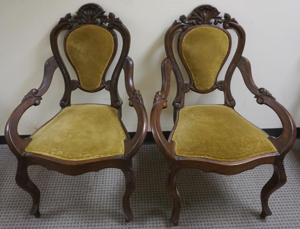 Appraisal: Pair of Victorian Walnut Green Velvet Upholstered Armchairs H overall