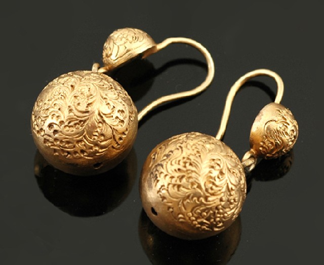 Appraisal: VICTORIAN ENGRAVED BALL DROP EARRING IN A LOW CARAT WEIGHT