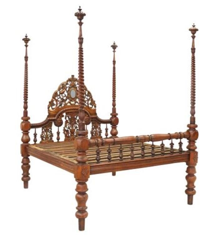 Appraisal: British Colonial carved rosewood four poster bed having spiral posts