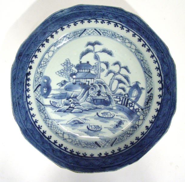 Appraisal: Chinese octagonal porcelain plate hand painted with blue pergodas and