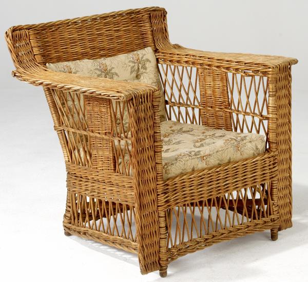 Appraisal: GUSTAV STICKLEY Wicker lounge chair with low back and squared