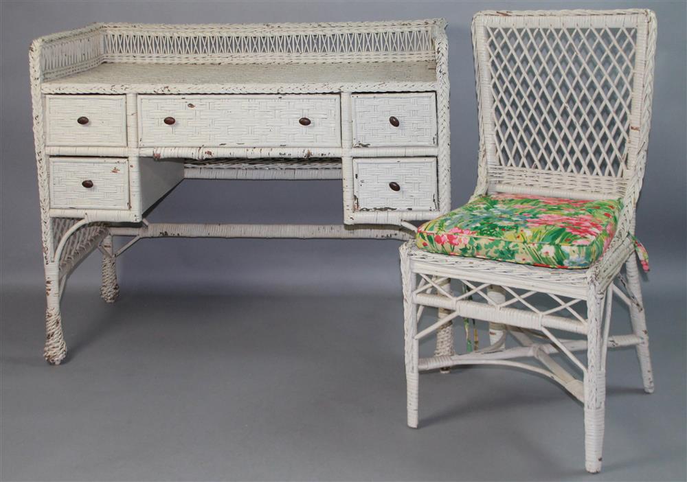 Appraisal: EARLY TWENTIETH CENTURY WHITE WICKER DESK AND CHAIR desk with