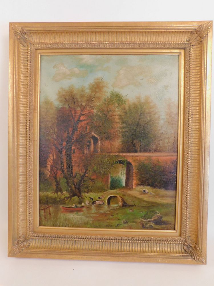 Appraisal: ANTIQUE PAINTING OF MAN FISHING CASTLE Antique continental oil painting