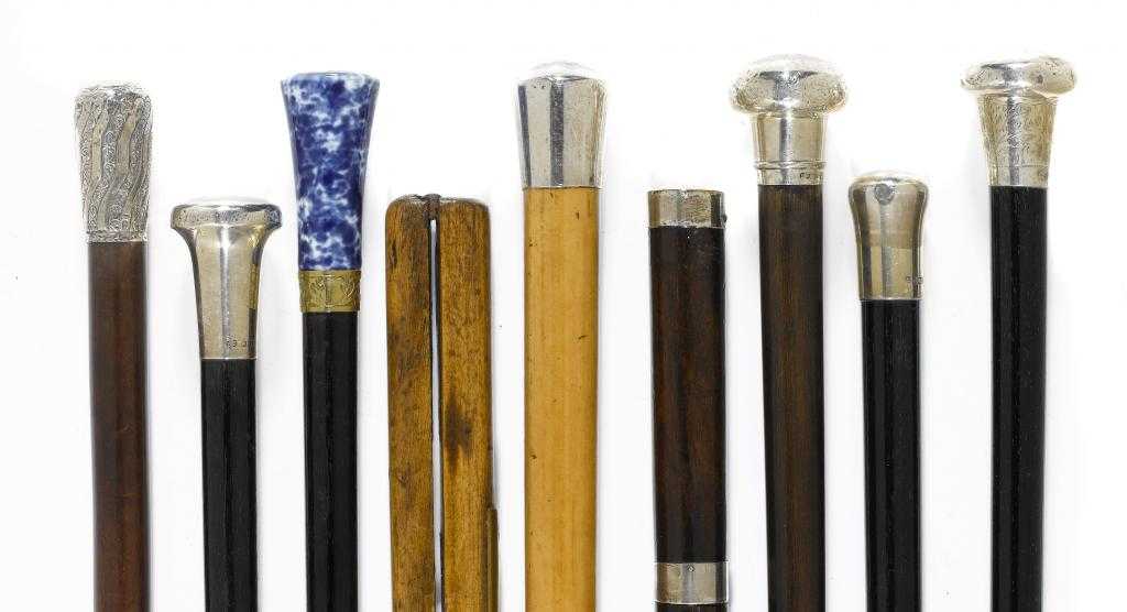 Appraisal: NINE LACQUER EBONY ROSEWOOD AND OTHER CANES including a gadget