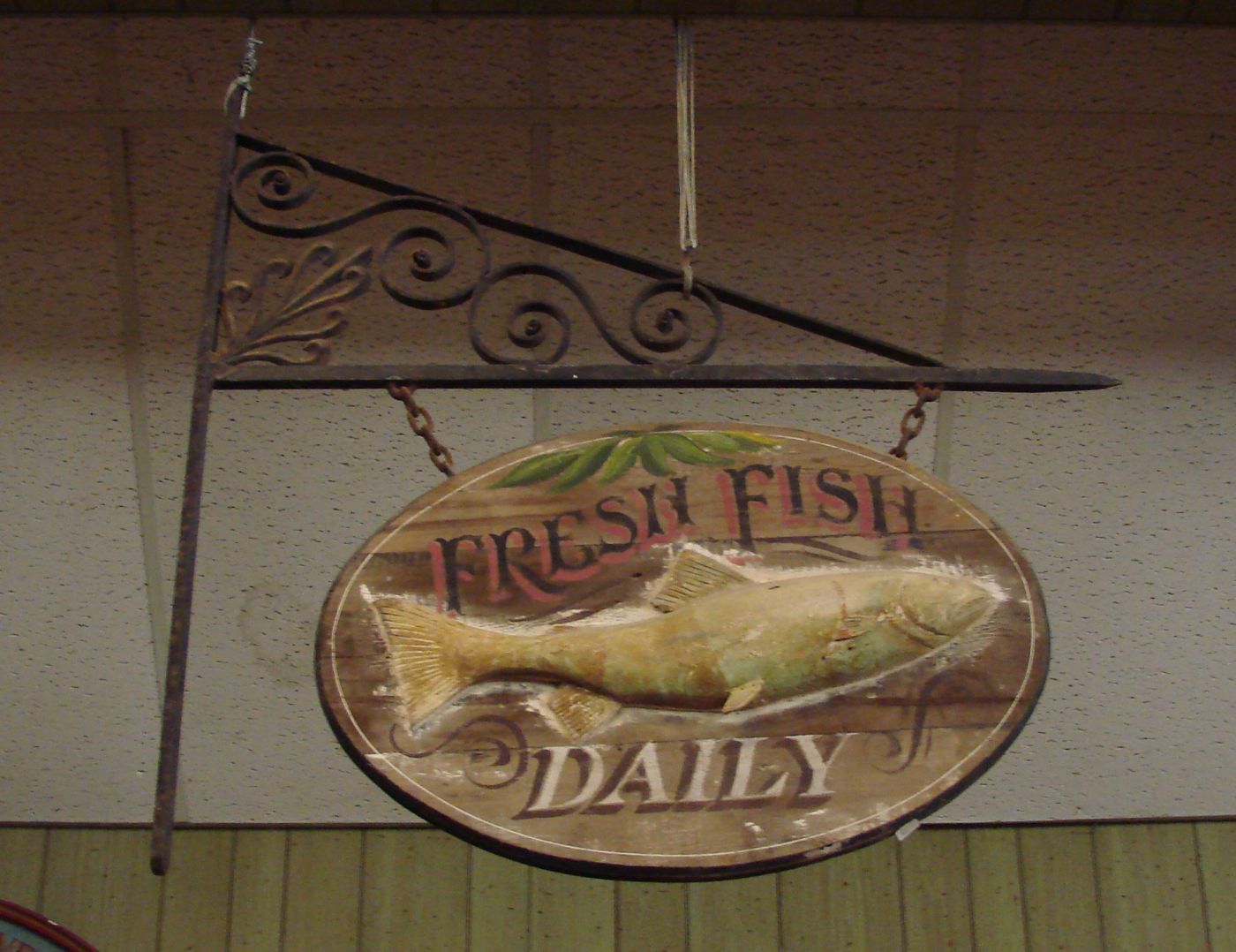 Appraisal: DOUBLE-SIDED TRADE SIGN ON IRON HANGER Late th CenturyFresh Fish