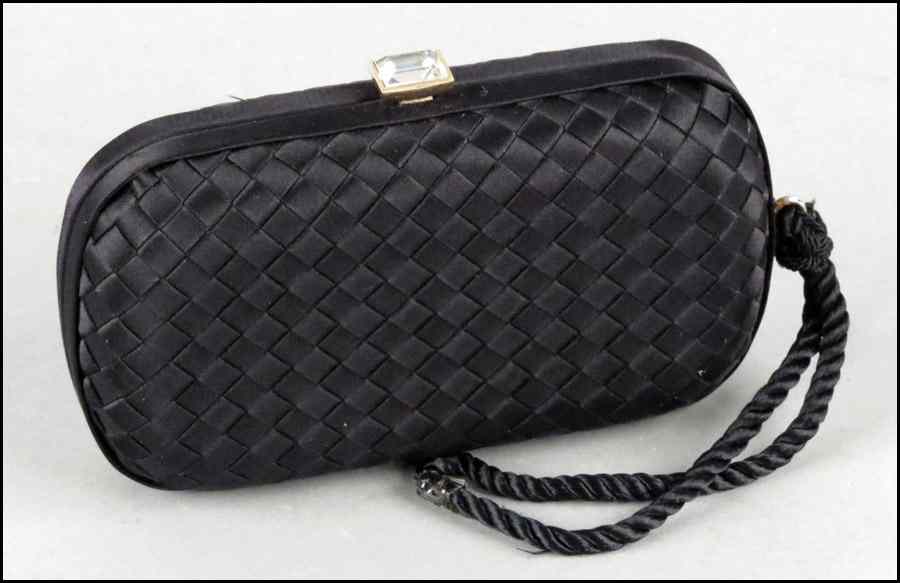 Appraisal: BOTTEGA VENETA BLACK WOVEN SATIN EVENING CLUTCH HANDBAG With a