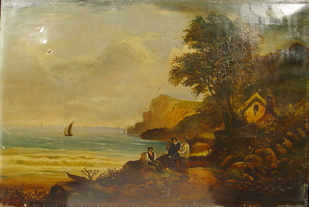 Appraisal: th Century oil onto canvas of fisherman on the shore