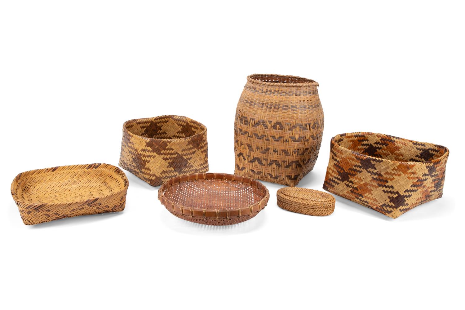 Appraisal: SIX WOVEN BASKETS INCLUDING CHEROKEE EXAMPLES Six woven baskets comprising