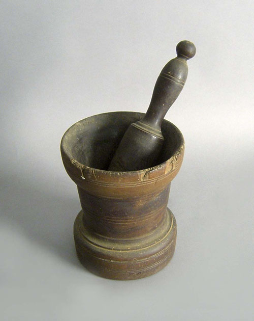 Appraisal: Burled walnut mortar pestle th c