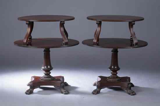 Appraisal: PAIR WILLIAM IV STYLE MAHOGANY TWO-TIER SIDE TABLES Two oval