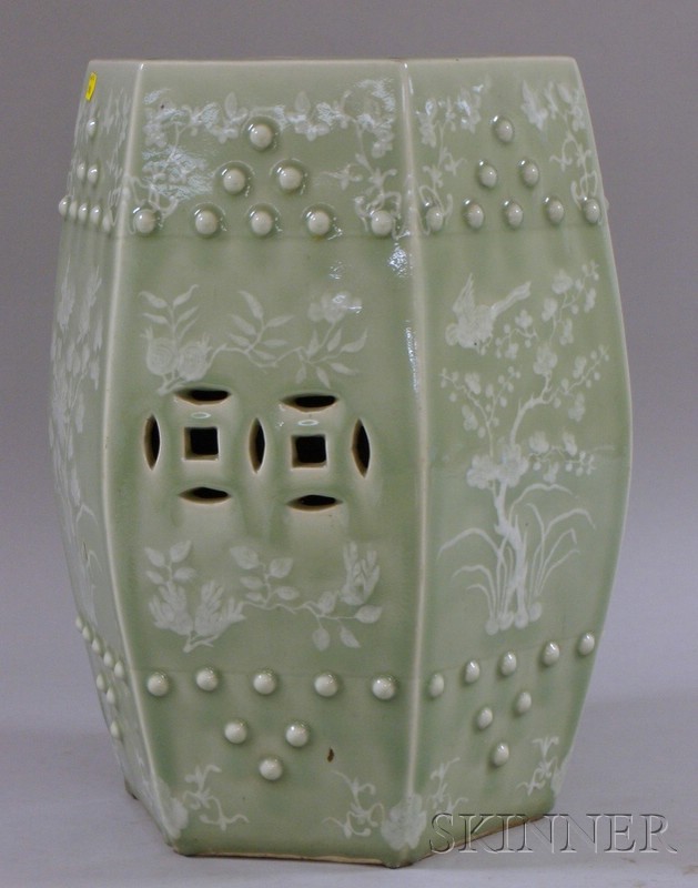 Appraisal: Chinese Export Hexagonal Celadon Glazed Pate sur Pate Decorated Porcelain