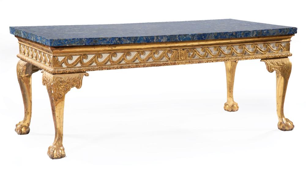 Appraisal: English Carved Giltwood and Lapis-Veneered Marble Center Table th c