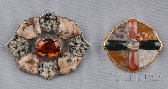 Appraisal: Two Scottish Agate Brooches the first Victorian with cushion-shape citrine